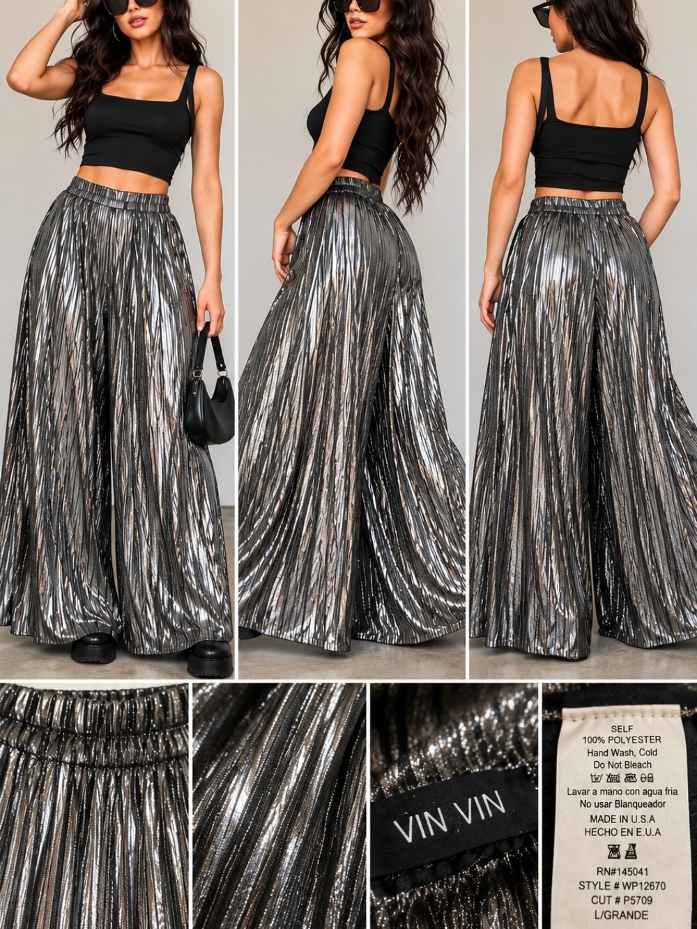VIN VIN Metallic Silver Pleated Palazzo Pants SZ L
